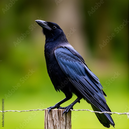 Portrait of an American Crow cawing on a fence, British Columbia, Canada photo