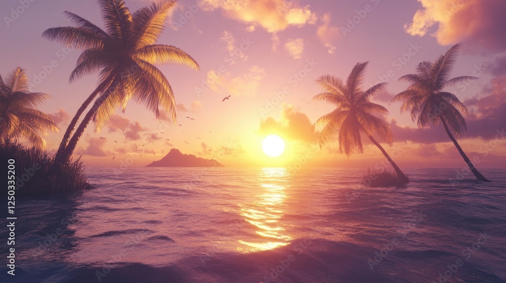 Vibrant tropical island: palm trees, a glowing sun, and gentle waves, perfect for summer, relaxation, and vacation visuals. Vibrant tropical island: palm trees, a glowing sun, and gentle waves, perfect for summer, relaxation, and vacation visuals.