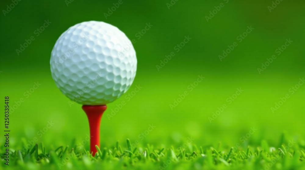 A Ready Golf Ball on a Tee, Awaiting the Swing, Situated on Lush Green Grass A Ready Golf Ball on a Tee, Awaiting the Swing, Situated on Lush Green Grass