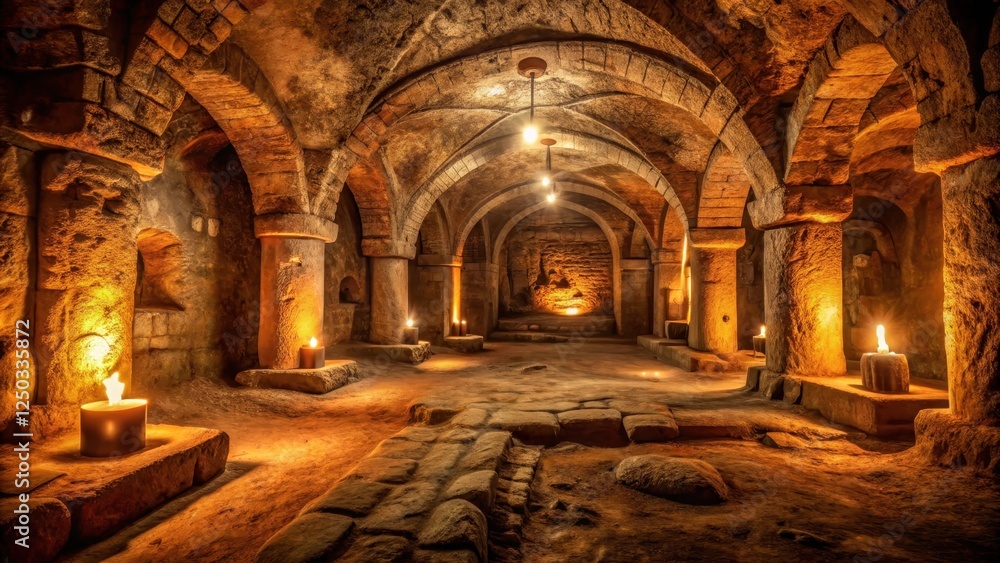 Fototapeta premium A mysterious underground chamber with a high, vaulted ceiling and stone walls covered in ancient carvings, illuminated by flickering torches , dark catacomb dungeon, stone wall