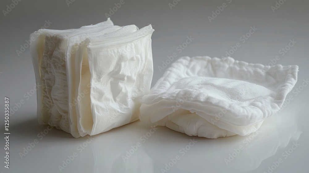 A pack of baby-safe wipes placed next to a soft, organic cotton diaper. A pack of baby-safe wipes placed next to a soft, organic cotton diaper.