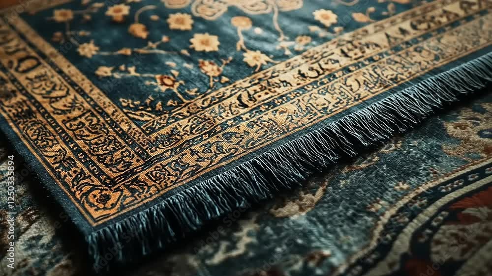 Close-up of an intricately patterned rug with tassels, showcasing rich teal and gold tones. Close-up of an intricately patterned rug with tassels, showcasing rich teal and gold tones.
