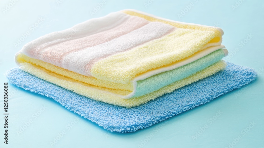 A pastel-colored changing mat with a set of neatly folded baby wipes. A pastel-colored changing mat with a set of neatly folded baby wipes.