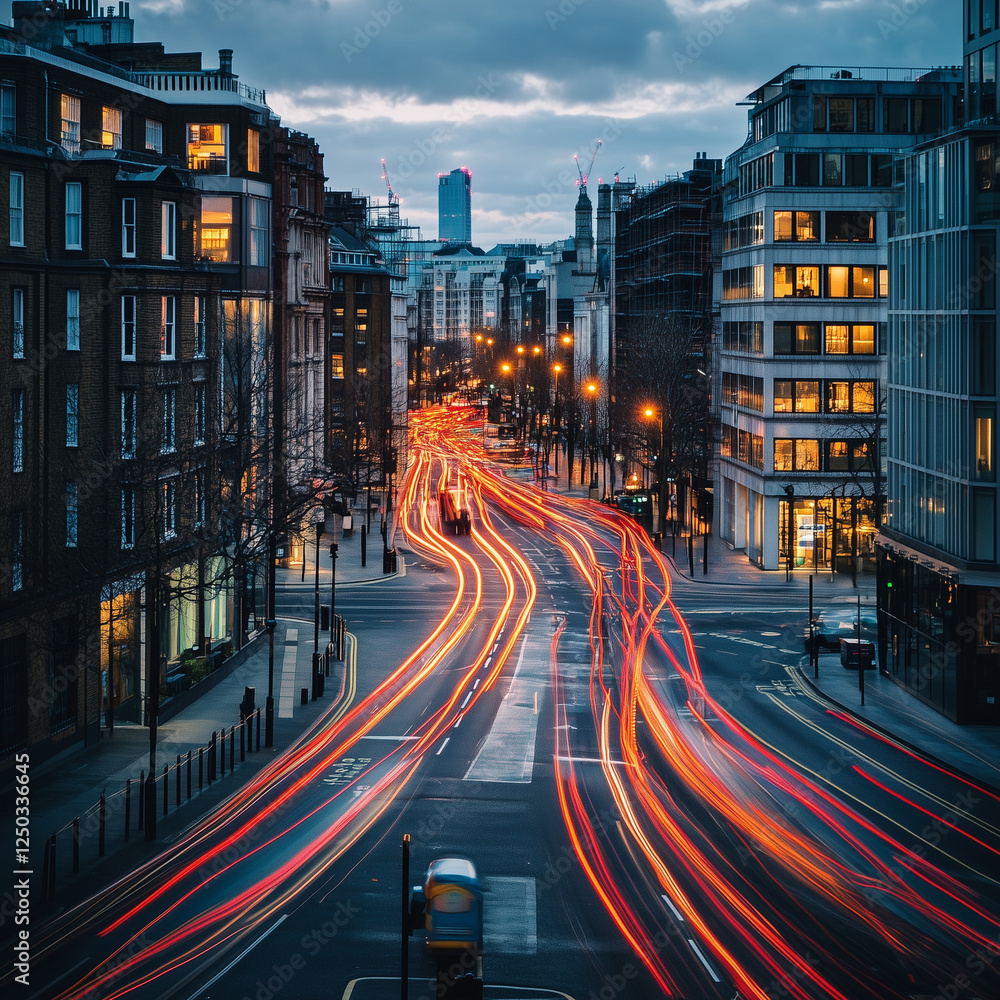 streets, buildings and vehicles in motion, evening with lights streets, buildings and vehicles in motion, evening with lights