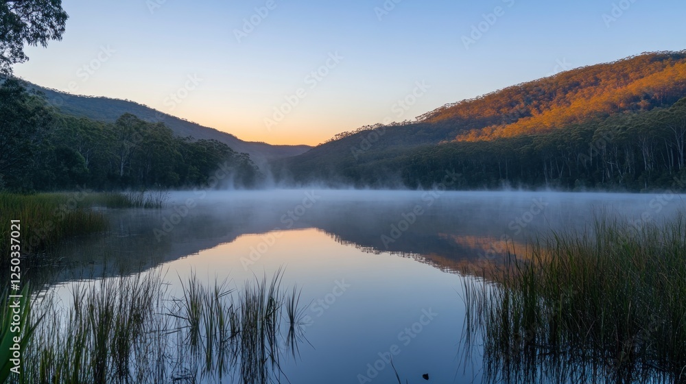 Serene lake at dawn with mist rising, surrounded by lush greenery and mountains.