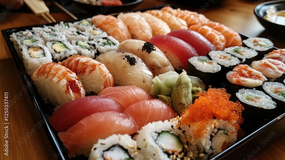 Exquisite Sushi Platter with Diverse Nigiri and Maki Rolls Presentation Exquisite Sushi Platter with Diverse Nigiri and Maki Rolls Presentation