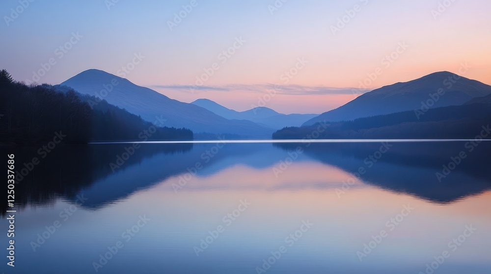 Fototapeta premium Serene lake at dawn with misty mountains reflecting in calm waters.