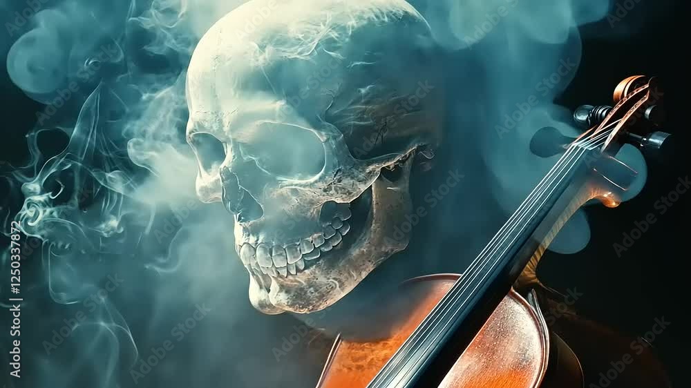A skull shrouded in ethereal smoke rests upon a cello's neck. A skull shrouded in ethereal smoke rests upon a cello's neck.