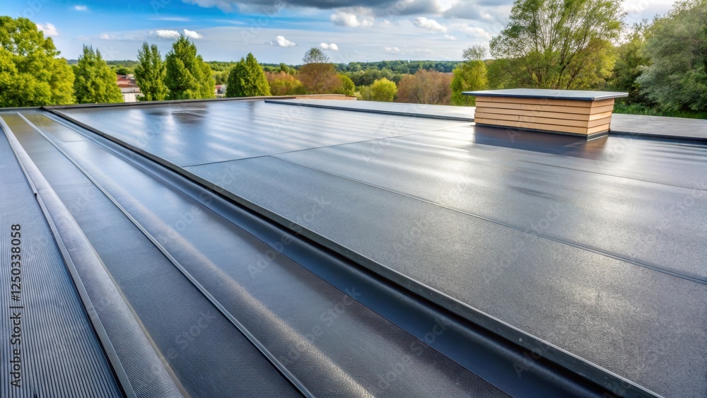 Modern EPDM roofing material rolled out on a metal roof with a subtle texture and slight curvature, textured surfaces, building materials Modern EPDM roofing material rolled out on a metal roof with a subtle texture and slight curvature, textured surfaces, building materials
