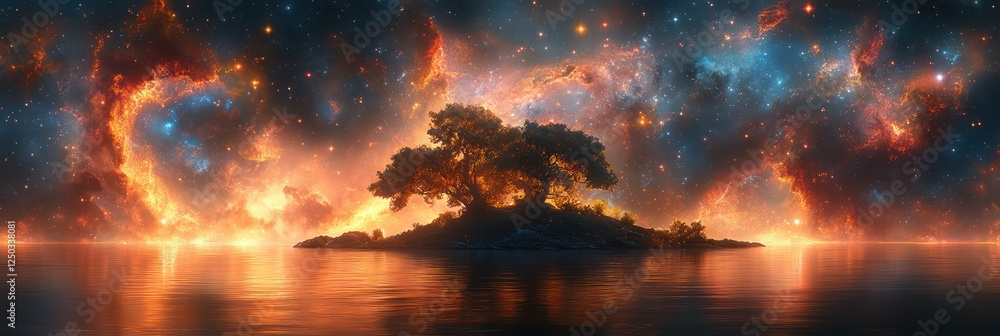 Fototapeta premium Cosmic Island: A Solitary Tree Under a Celestial Canvas