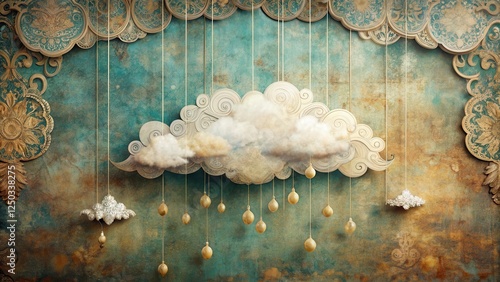 A romanticized landscape in the form of a paper cloud suspended above a vintage-inspired mixed media background with intricate details and ornate patterns, paper, vintage photo