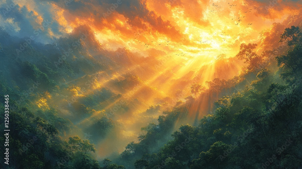 Golden Hour Rainforest: Sunbeams Through Verdant Canopy Golden Hour Rainforest: Sunbeams Through Verdant Canopy