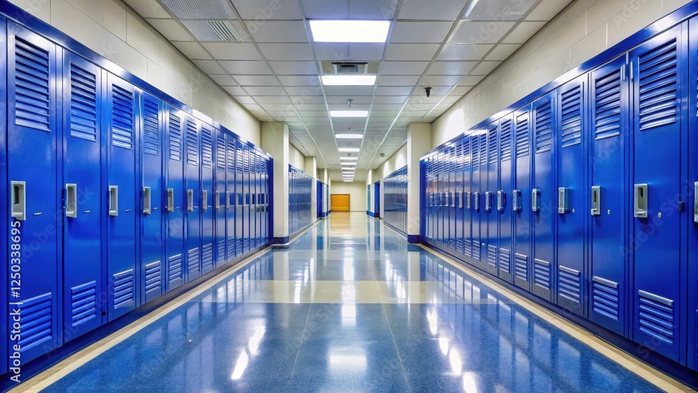 Fototapeta premium Empty school hallway with royal blue metal lockers, empty lockers