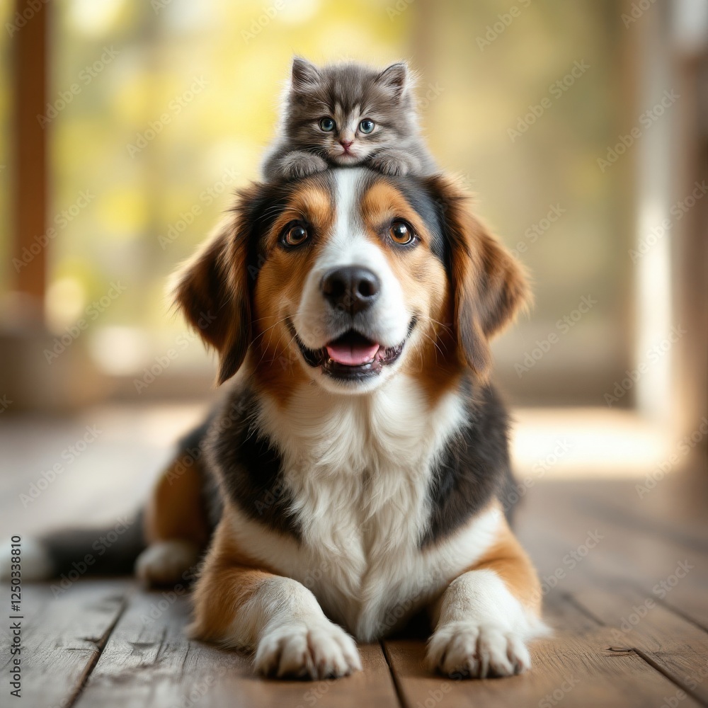 Kitten Sitting Atop a Bernese Mountain Dog Head Indoors with Soft Lighting Kitten Sitting Atop a Bernese Mountain Dog Head Indoors with Soft Lighting