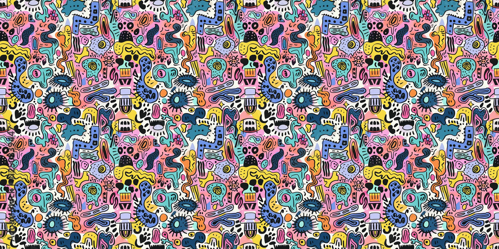 Fototapeta premium Cartoon hand-drawn doodles on the subject of summer holidays theme seamless pattern