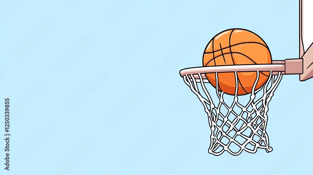 A basketball gracefully approaches the hoop against a clear blue sky background A basketball gracefully approaches the hoop against a clear blue sky background