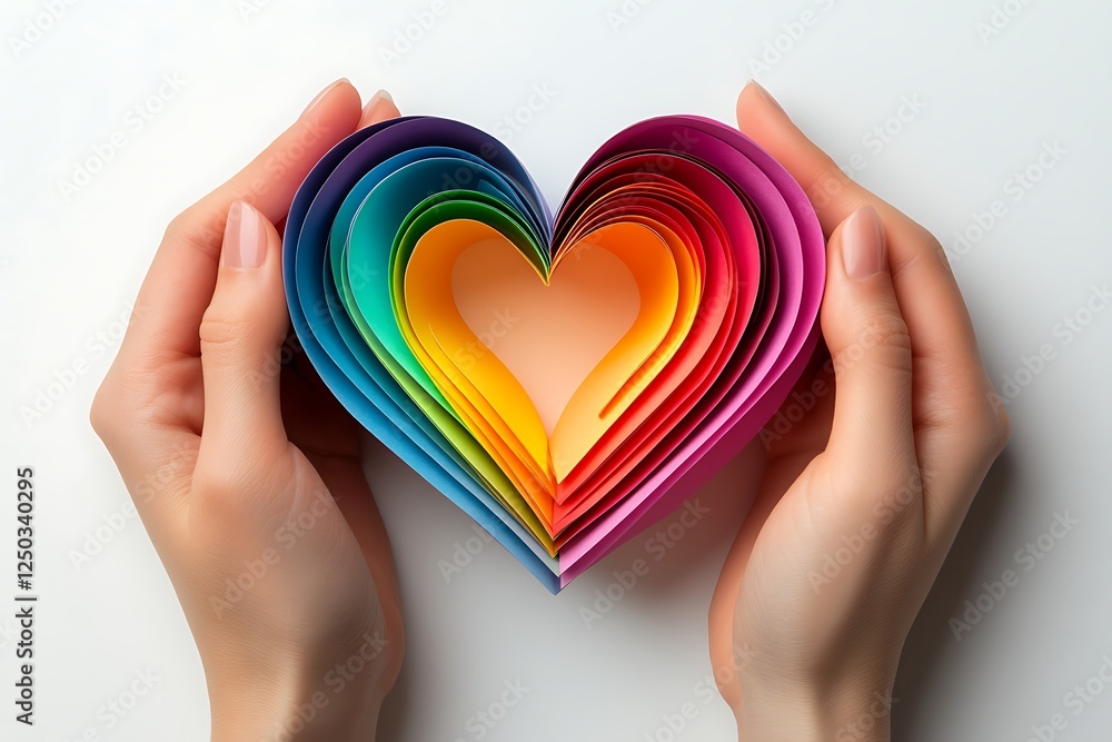 Obraz premium Hands Holding Rainbow Paper Heart on White Background