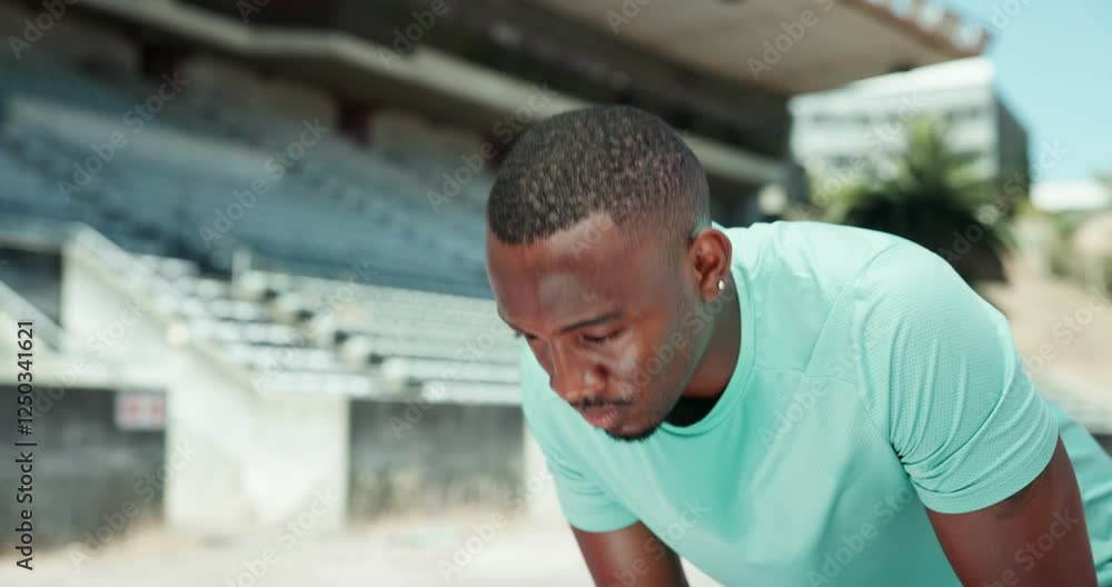 Tired, stadium and fitness for man, sweating and routine for match in morning, outdoor and exercise. Breathing, athlete and black person on break for workout, sports and exhausted for competition Tired, stadium and fitness for man, sweating and routine for match in morning, outdoor and exercise. Breathing, athlete and black person on break for workout, sports and exhausted for competition