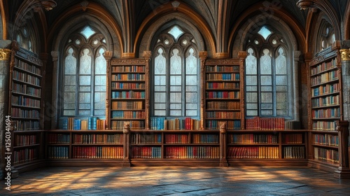 A grand library interior featuring tall windows, wooden shelves filled with colorful books, and warm lighting