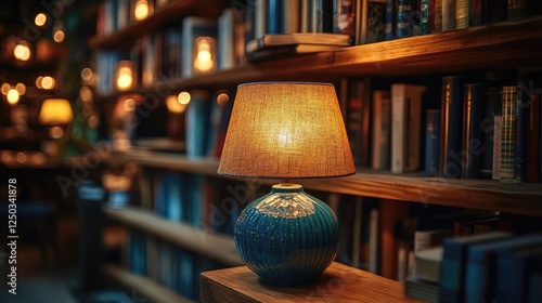 Cozy library scene featuring a blue lamp illuminating a wooden shelf filled with books