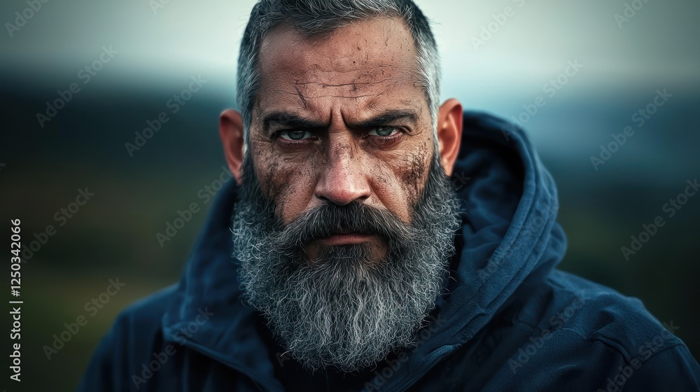 Intense portrait of a rugged man with a beard, set against a blurred natural landscape backdrop Intense portrait of a rugged man with a beard, set against a blurred natural landscape backdrop