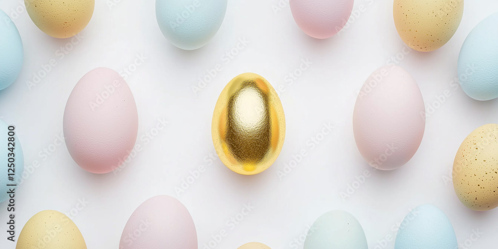 Golden Egg Surrounded by Colorful Easter Eggs in Pastel Shades on a White Background for Celebratory Themes and Festive Events Golden Egg Surrounded by Colorful Easter Eggs in Pastel Shades on a White Background for Celebratory Themes and Festive Events