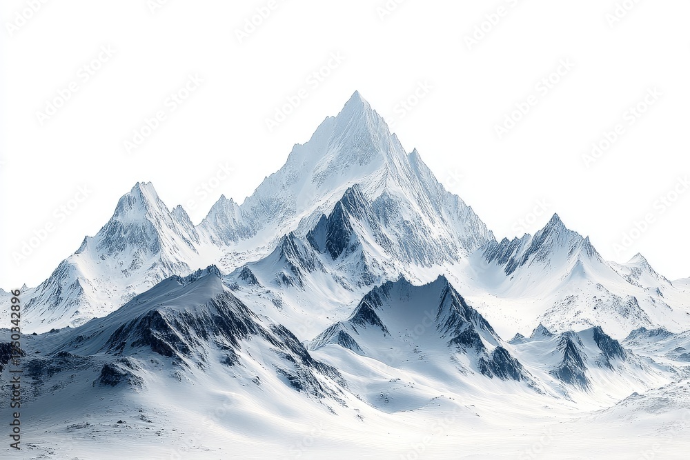Fototapeta premium Majestic mountain range with towering peaks, isolated against a pristine white backdrop, captured in a highly detailed and sharp photograph.