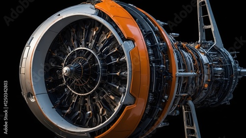 Fototapeta Naklejka Na Ścianę i Meble -  A complex design of spacecraft engine with exposed mechanical parts, including orange-tinted panels, 
intricate wiring, and a large circular turbine at the front.