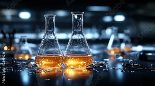 Laboratory glassware with colorful liquids inside.