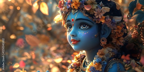 Krishna, the Hindu God, Portrait with Flowers