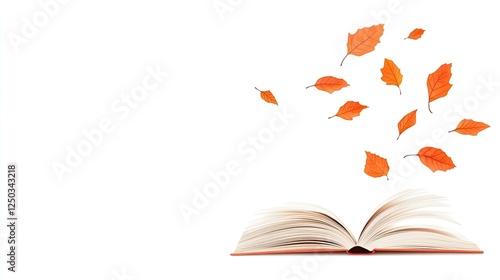 An open book with pages fluttering, surrounded by falling orange leaves, symbolizing autumn