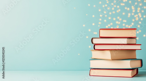 Stack of colorful books on a light blue background with glowing fairy lights above, creating a dreamy ambiance