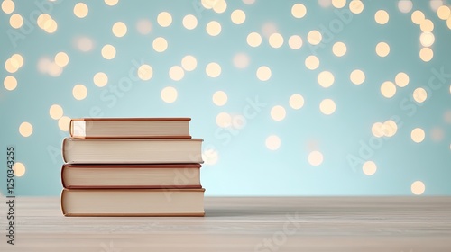 Stacked books on a wooden table with a dreamy bokeh background of soft, glowing lights