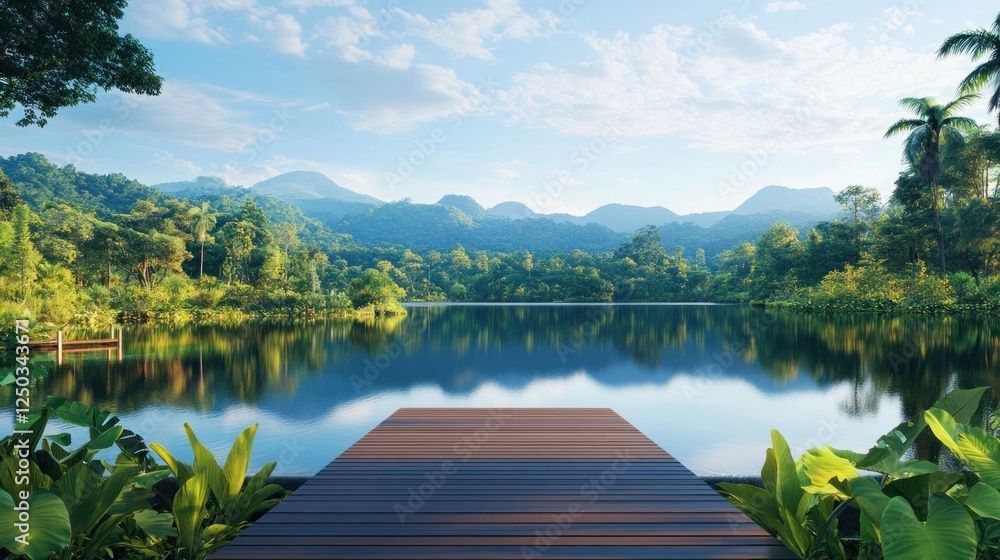Serene lake view with a wooden dock surrounded by lush greenery and mountains. Serene lake view with a wooden dock surrounded by lush greenery and mountains.