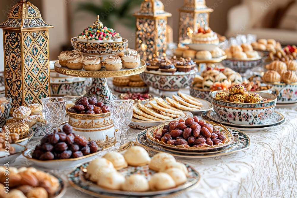 Table laden with traditional sweets, dates, pastries for festive celebration Table laden with traditional sweets, dates, pastries for festive celebration