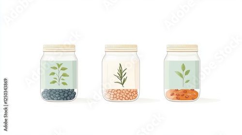 Three jars containing various seeds and plants, showcasing botanical diversity on a clean background