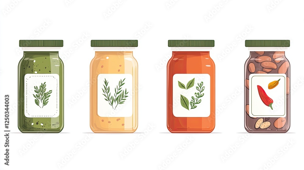 Assorted jars of sauces and condiments with herbal designs on labels, set against a clean background Assorted jars of sauces and condiments with herbal designs on labels, set against a clean background