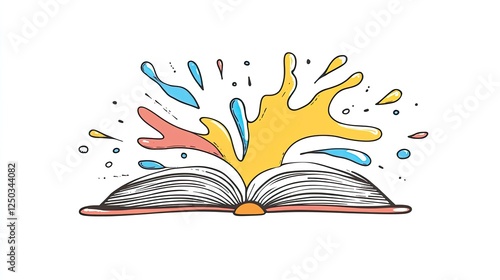 An open book with colorful splashes of paint emerging, symbolizing creativity and imagination