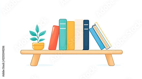 A colorful collection of books on a wooden shelf with a potted plant beside them