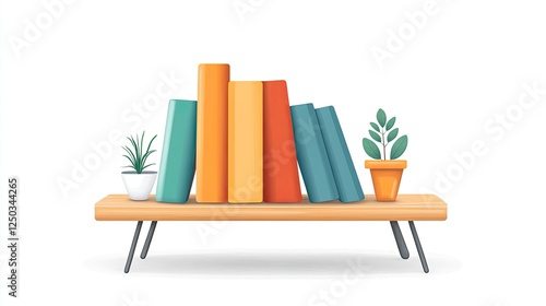 Colorful books on a wooden shelf with potted plants, creating a cozy reading atmosphere