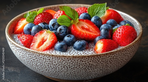 A vibrant bowl of chia pudding topped with fresh strawberries and blueberries, set on a dark surface
