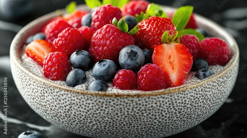 Fresh mixed berries in a textured bowl on a dark marble surface, showcasing vibrant colors and textures Fresh mixed berries in a textured bowl on a dark marble surface, showcasing vibrant colors and textures