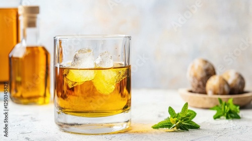 Chilled whisky with ice and mint garnish. photo