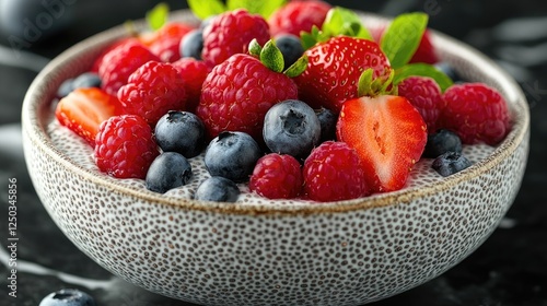 Fresh mixed berries in a textured bowl on a dark marble surface, showcasing vibrant colors and textures