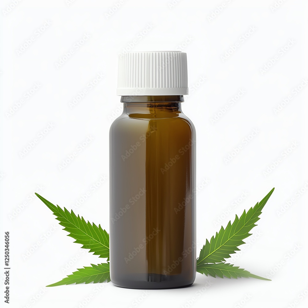 Brown glass bottle with a white cap, surrounded by green cannabis leaves, showcasing herbal and medicinal properties for wellness. Brown glass bottle with a white cap, surrounded by green cannabis leaves, showcasing herbal and medicinal properties for wellness.