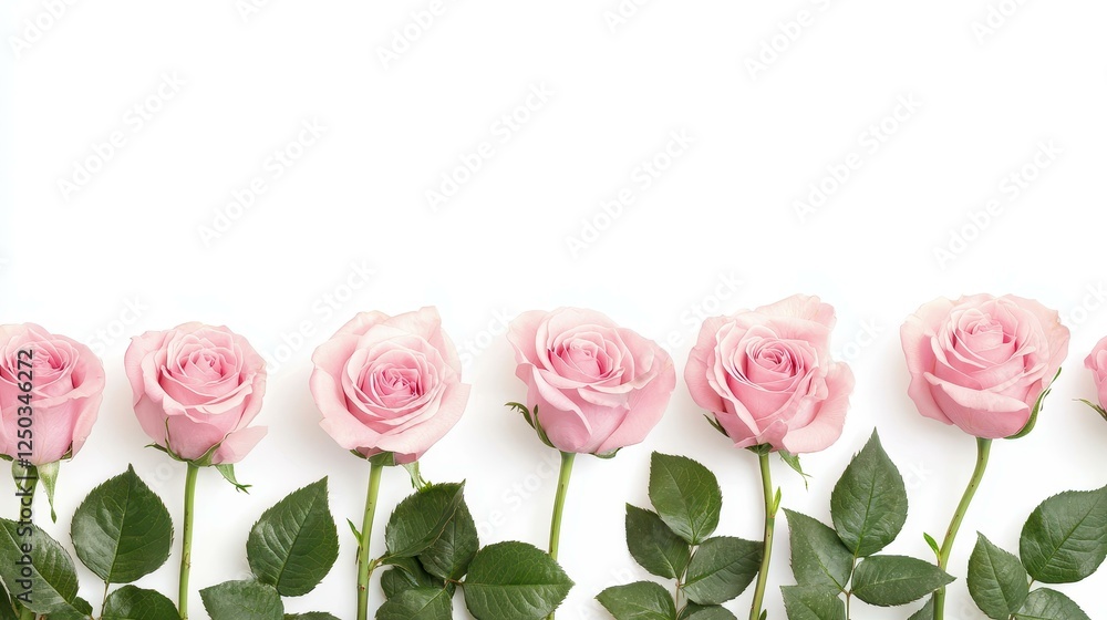 Delicate pink roses with green leaves arranged neatly. Delicate pink roses with green leaves arranged neatly.