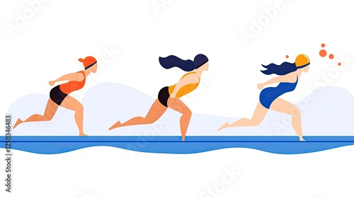 Three female swimmers in motion, transitioning from running to diving into water, with waves in background