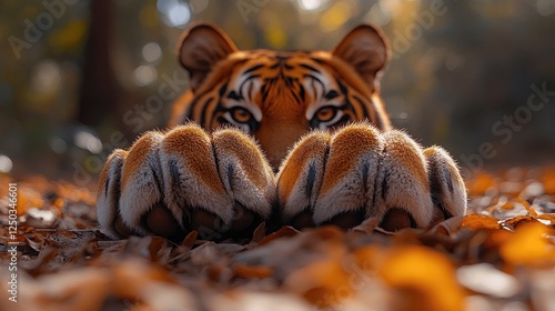 Majestic tiger resting on autumn leaves in a serene forest setting, showcasing its powerful paws