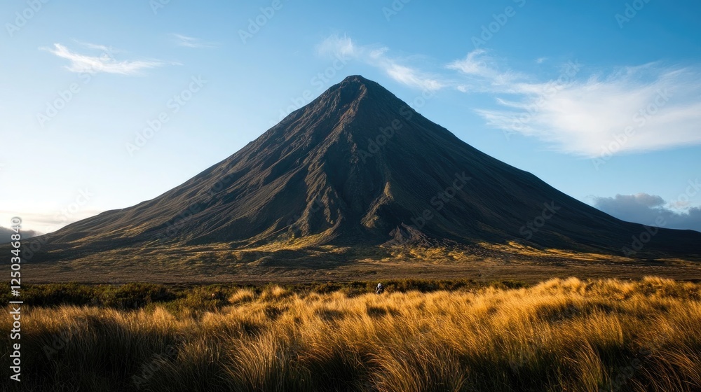 Majestic Mountain Peak Rising Above Golden Grassland under a Clear Blue Sky Majestic Mountain Peak Rising Above Golden Grassland under a Clear Blue Sky