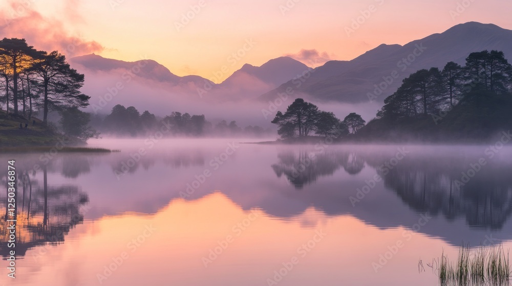 Obraz premium Serene landscape at dawn with misty mountains and calm water reflections.